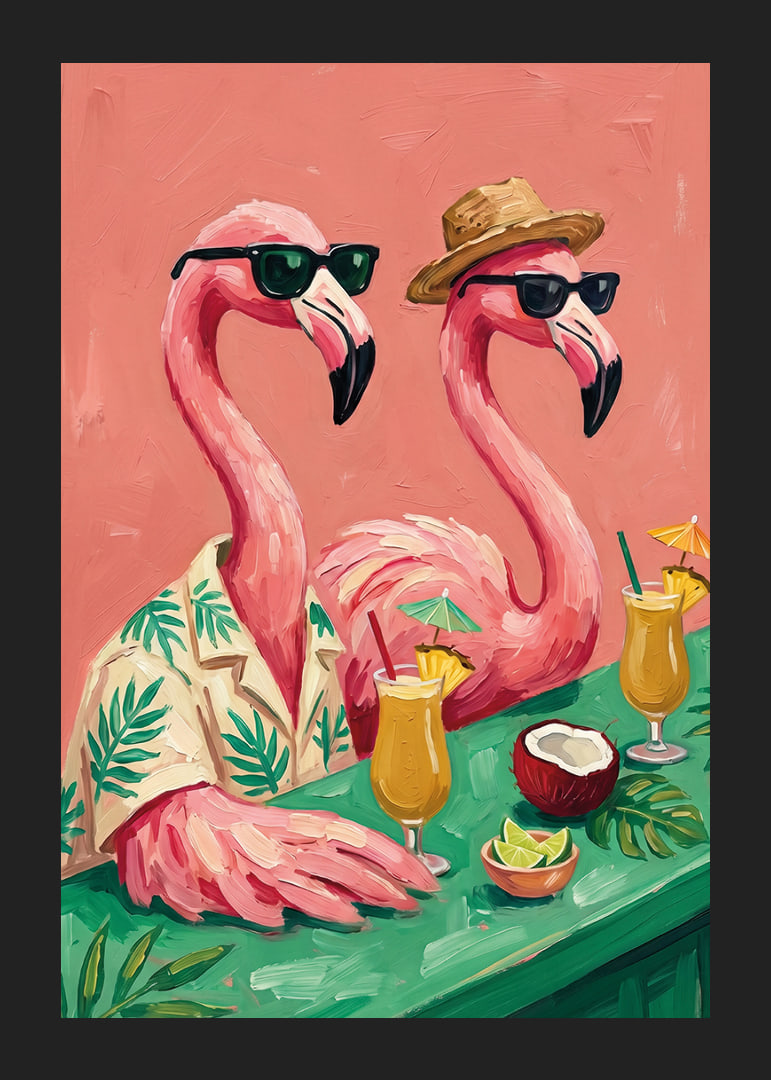 Två flamingos i avslappnad semestermiljö.-12