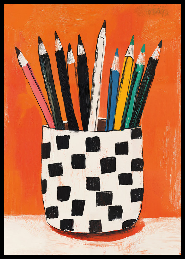Colorful pencils in a patterned stand for creative joy.-12
