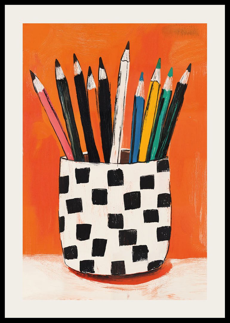 Colorful pencils in a patterned stand for creative joy.-12