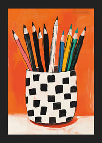 Colorful pencils in a patterned stand for creative joy.-5