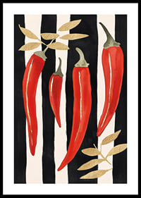 Brillantes chiles rojos sobre llamativas rayas blancas y negras.-0
