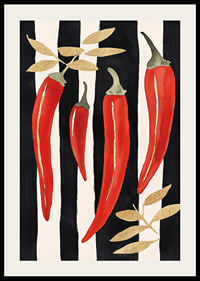 Brillantes chiles rojos sobre llamativas rayas blancas y negras.-2