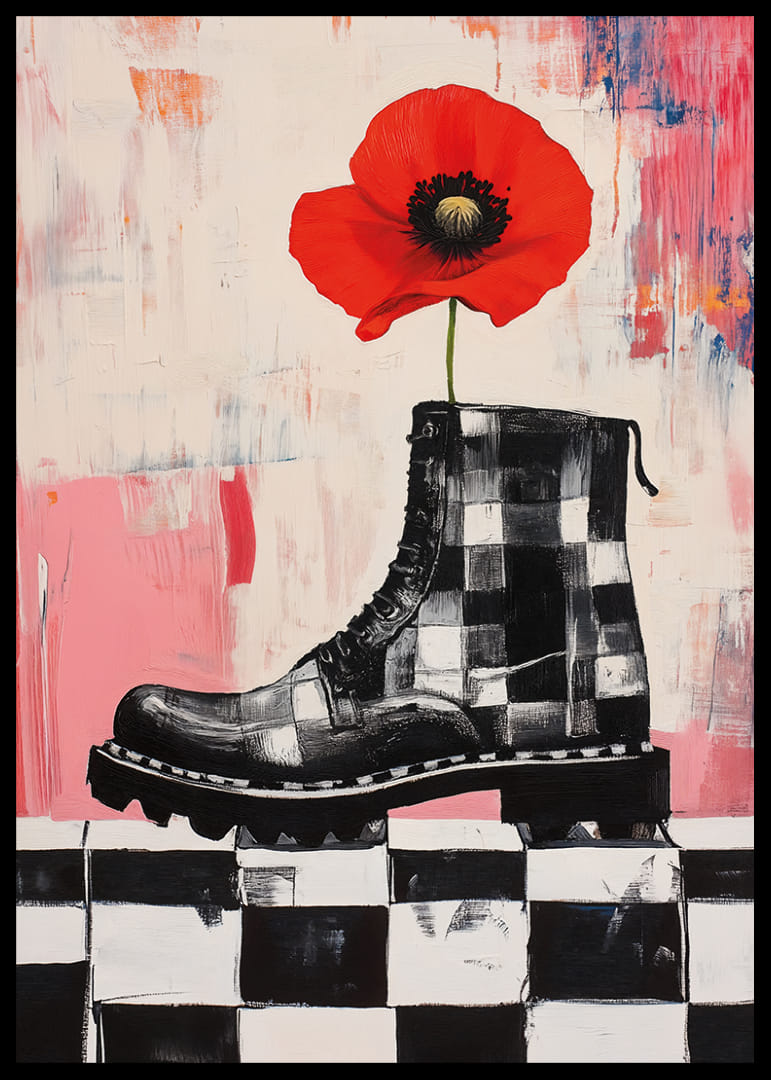 A red poppy grows bravely from a powerful boot.-12