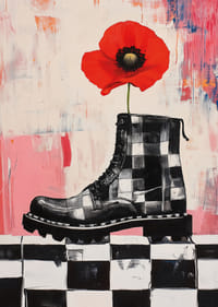A red poppy grows bravely from a powerful boot.-7