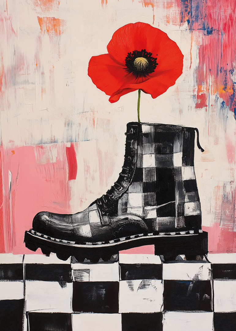A red poppy grows bravely from a powerful boot.-12