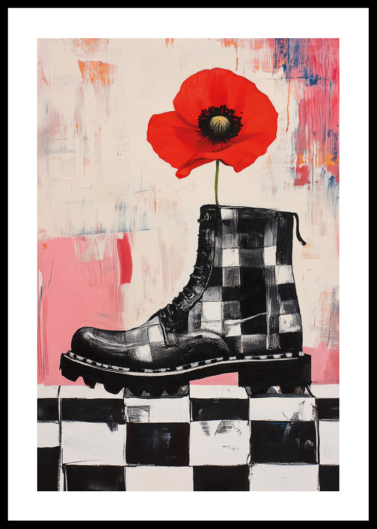 A red poppy grows bravely from a powerful boot.-12