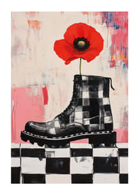 A red poppy grows bravely from a powerful boot.-1