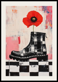 A red poppy grows bravely from a powerful boot.-2