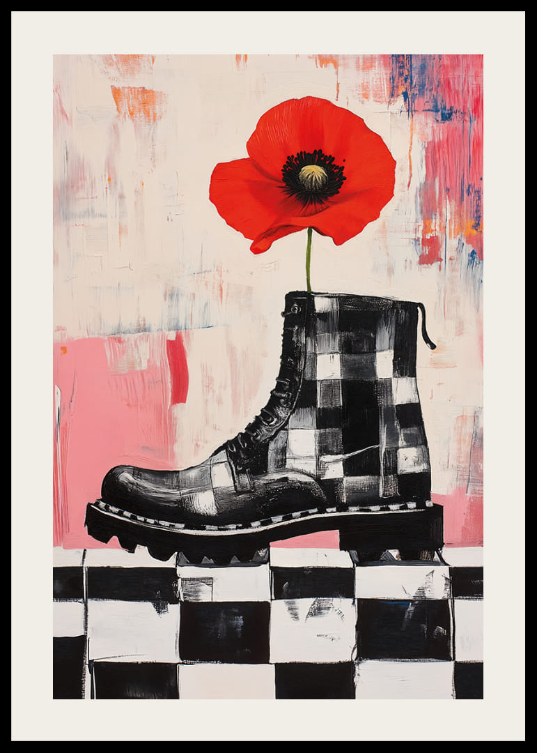 A red poppy grows bravely from a powerful boot.-12