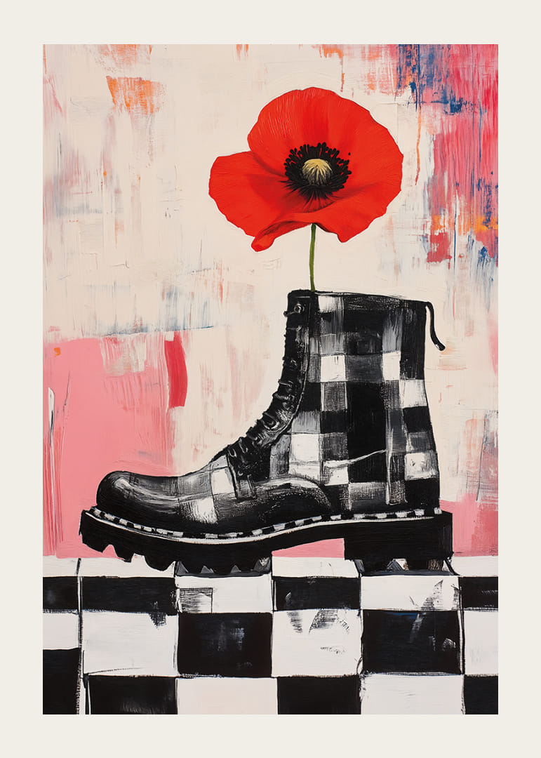 A red poppy grows bravely from a powerful boot.-12