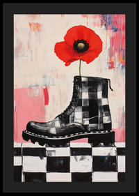 A red poppy grows bravely from a powerful boot.-4