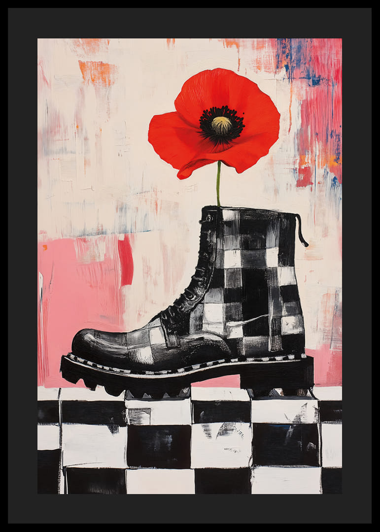 A red poppy grows bravely from a powerful boot.-12
