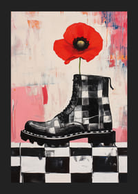 A red poppy grows bravely from a powerful boot.-5