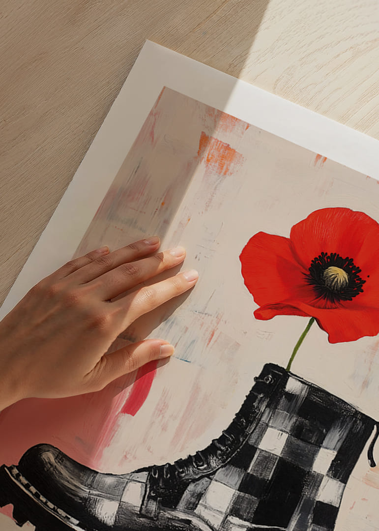 A red poppy grows bravely from a powerful boot.-12