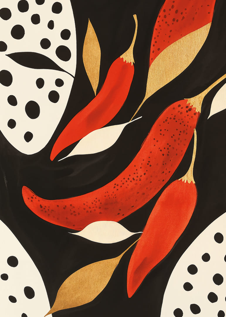 Bold chili peppers dance against an elegant backdrop.-12