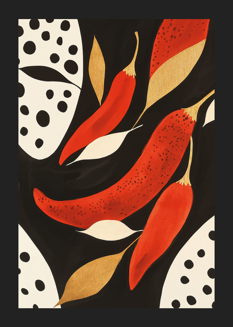 Bold chili peppers dance against an elegant backdrop.-12