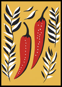 Two red chili peppers surrounded by black and white leaves.-6