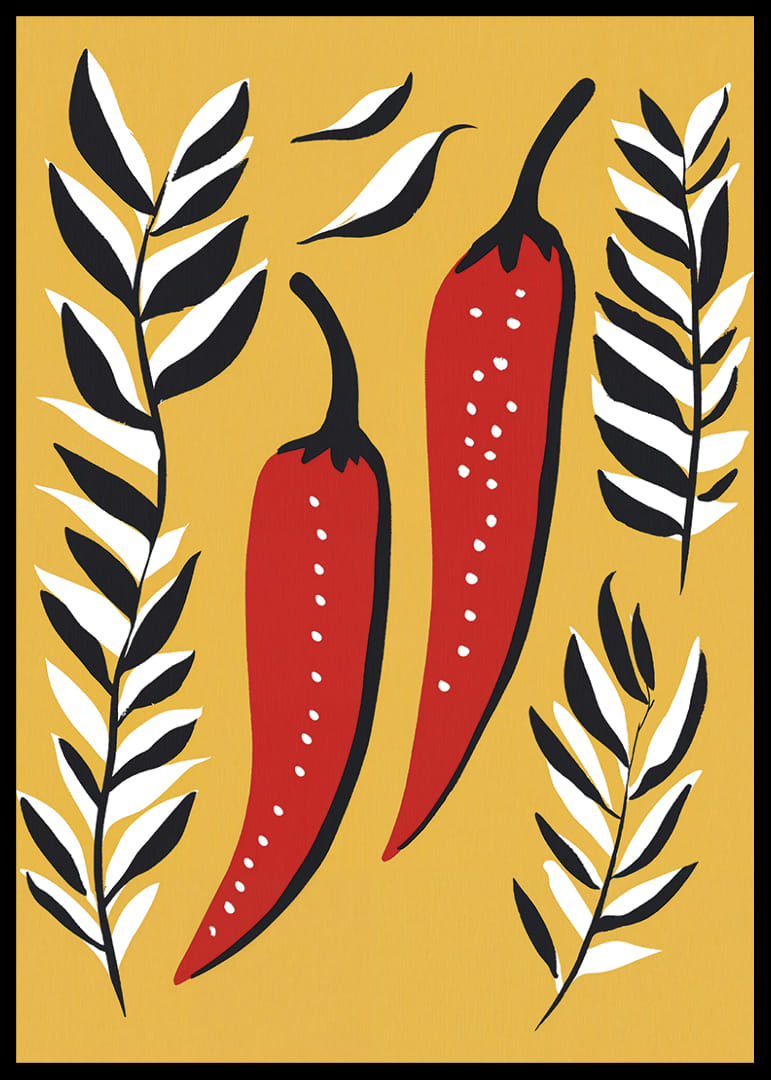 Two red chili peppers surrounded by black and white leaves.-12