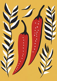 Two red chili peppers surrounded by black and white leaves.-7