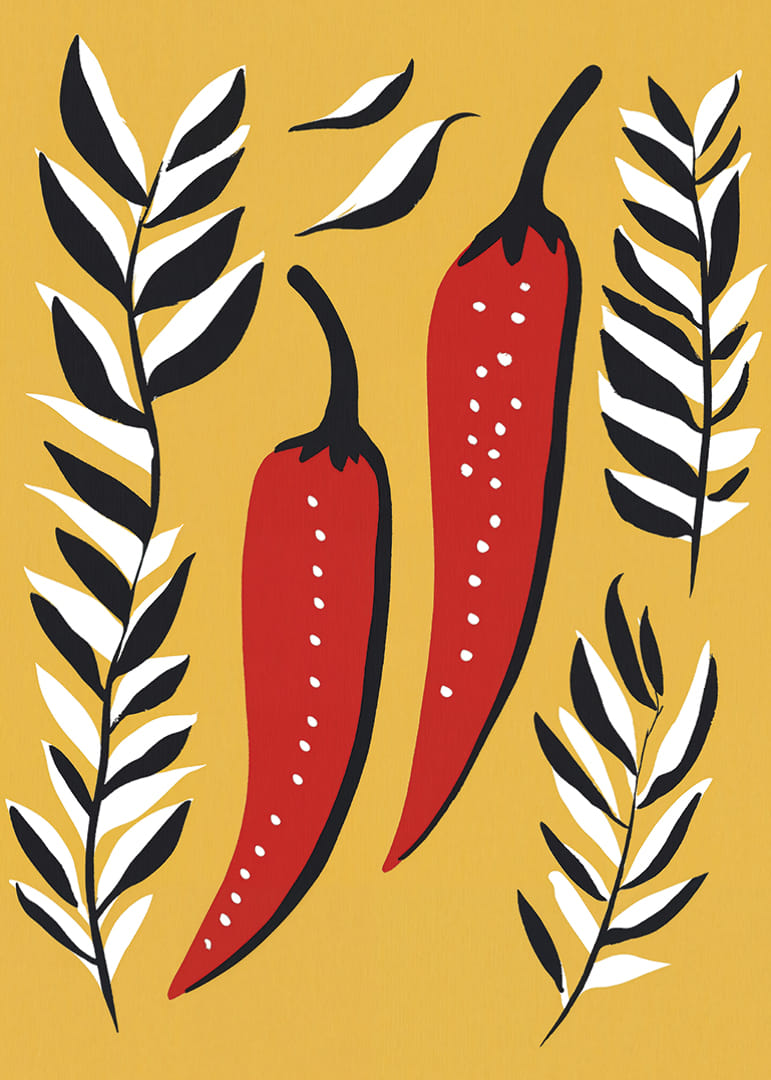 Two red chili peppers surrounded by black and white leaves.-12