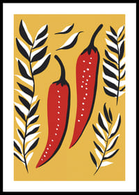 Two red chili peppers surrounded by black and white leaves.-0