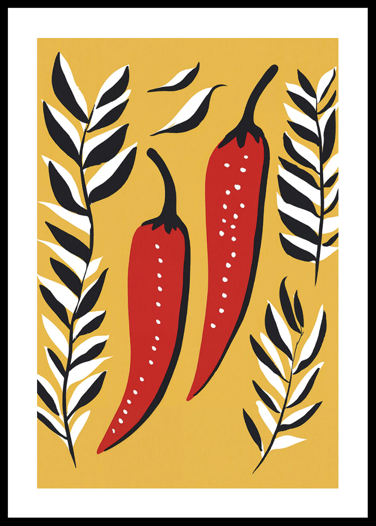 Two red chili peppers surrounded by black and white leaves.-12