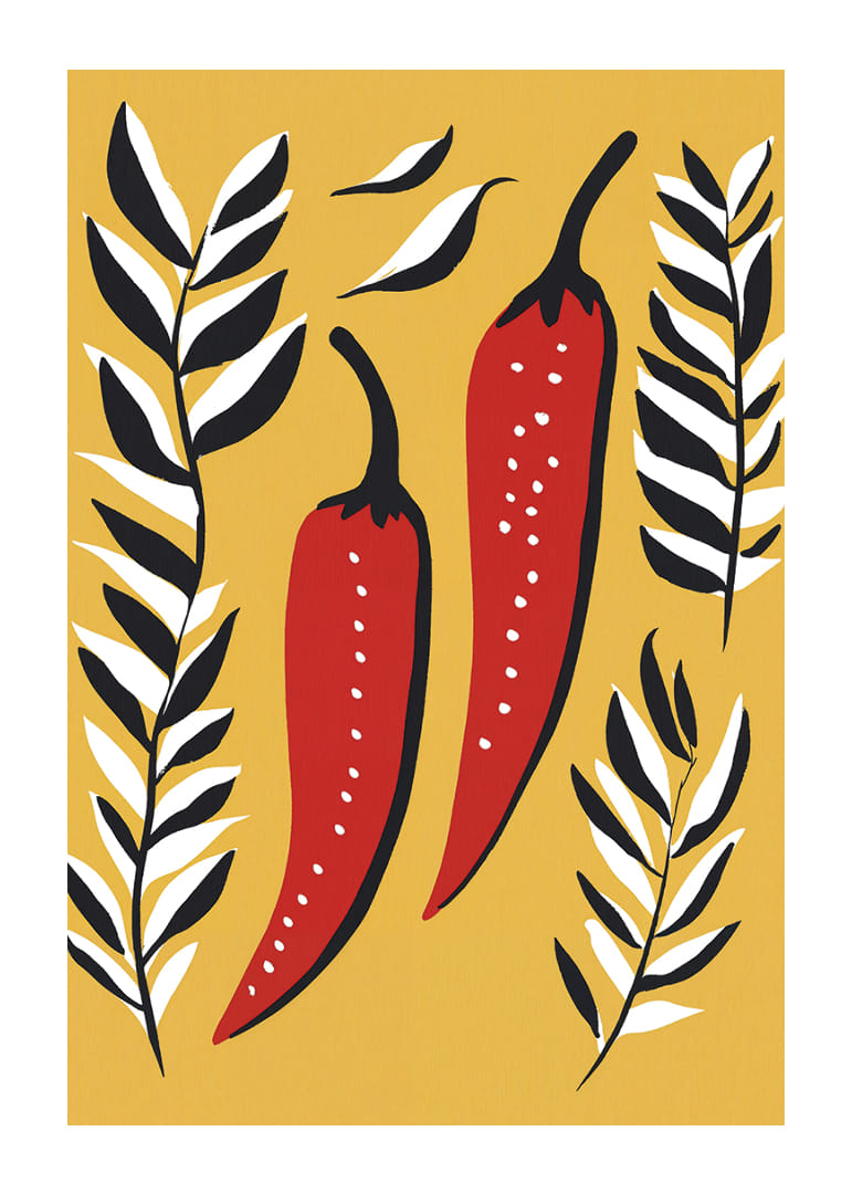 Two red chili peppers surrounded by black and white leaves.-12
