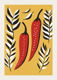 Two red chili peppers surrounded by black and white leaves.-3