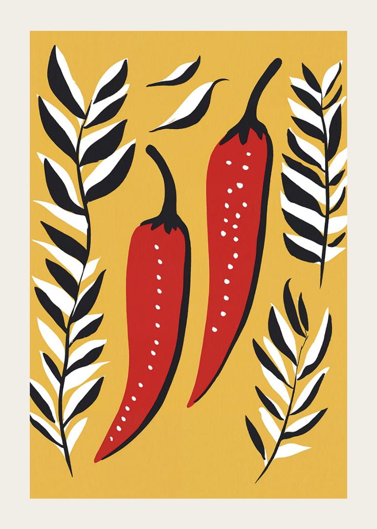 Two red chili peppers surrounded by black and white leaves.-12