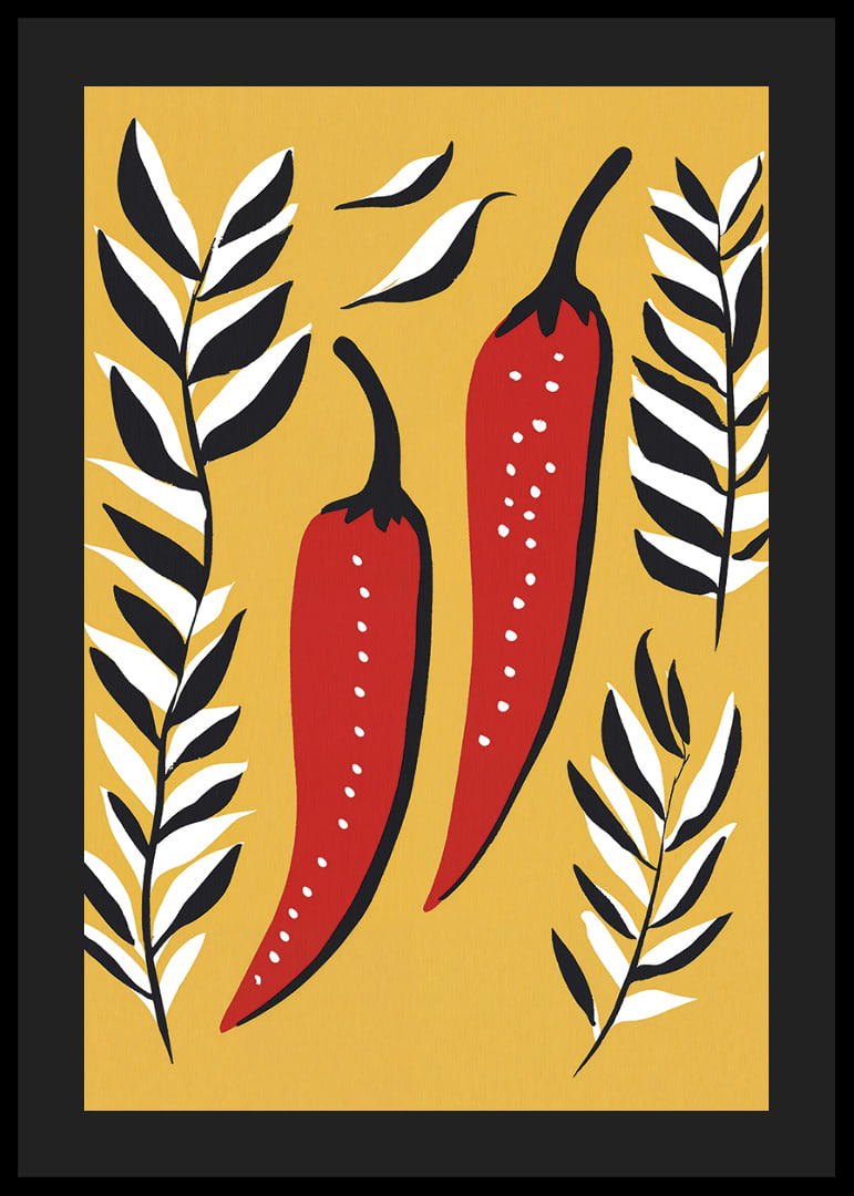 Two red chili peppers surrounded by black and white leaves.-12