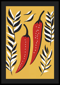 Two red chili peppers surrounded by black and white leaves.-4