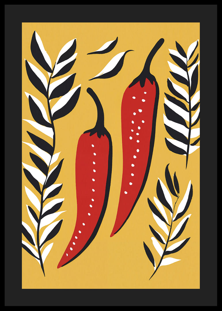 Two red chili peppers surrounded by black and white leaves.-12
