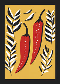 Two red chili peppers surrounded by black and white leaves.-5