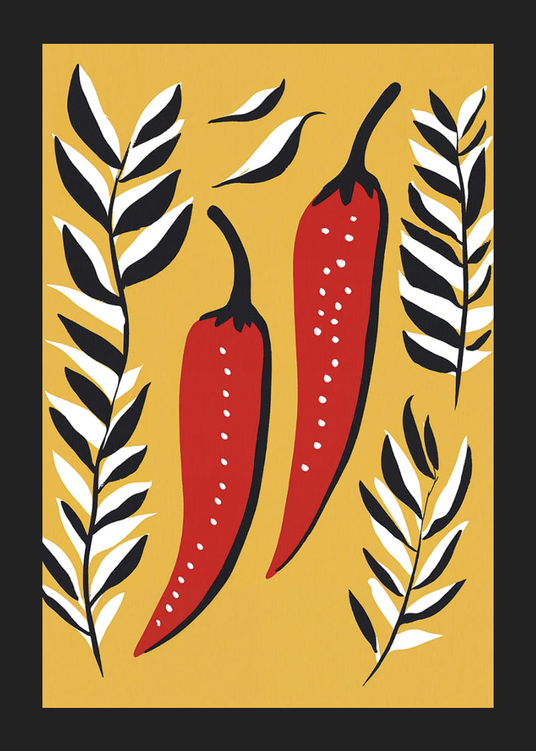 Two red chili peppers surrounded by black and white leaves.-12