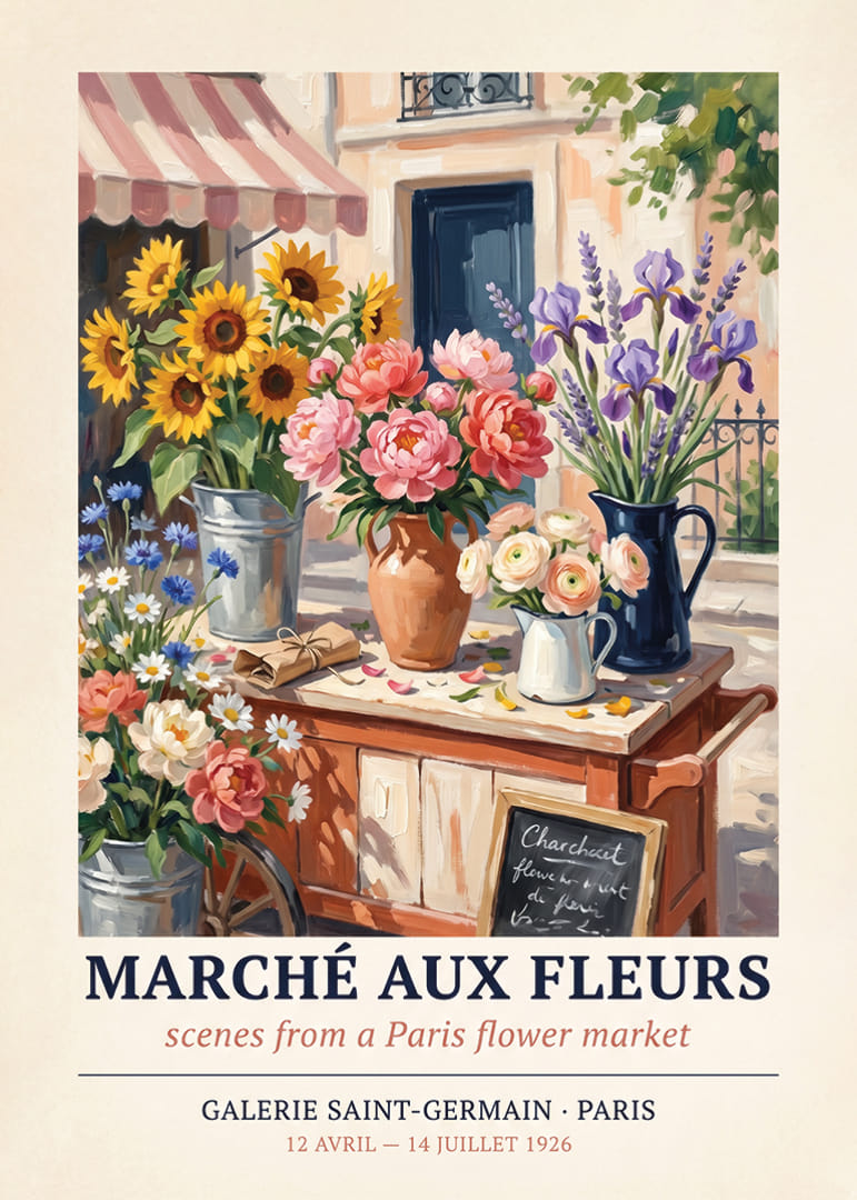 Vibrant flowers create romance in Paris on this poster.-12