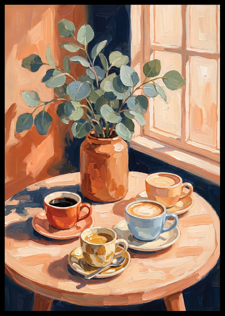 Sun rays warm coffee cups and eucalyptus on the table.-12