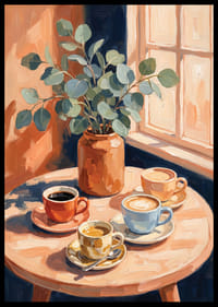 Sun rays warm coffee cups and eucalyptus on the table.-6