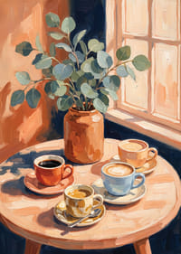 Sun rays warm coffee cups and eucalyptus on the table.-7
