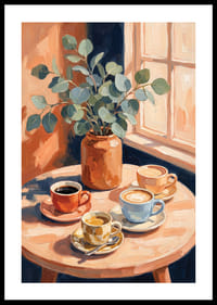 Sun rays warm coffee cups and eucalyptus on the table.-0