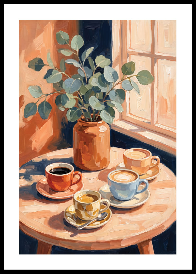 Sun rays warm coffee cups and eucalyptus on the table.-12