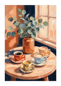 Sun rays warm coffee cups and eucalyptus on the table.-1