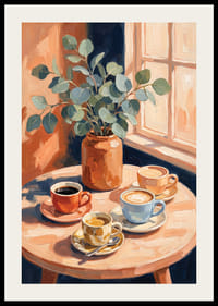 Sun rays warm coffee cups and eucalyptus on the table.-2