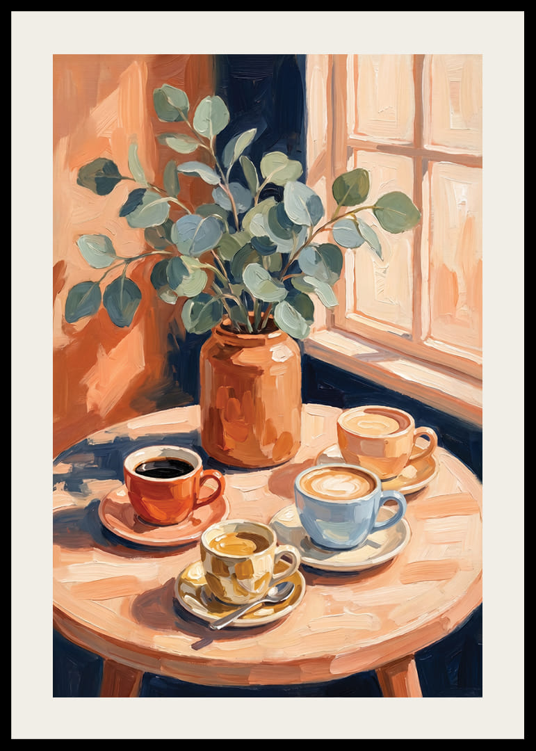 Sun rays warm coffee cups and eucalyptus on the table.-12