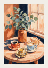 Sun rays warm coffee cups and eucalyptus on the table.-3