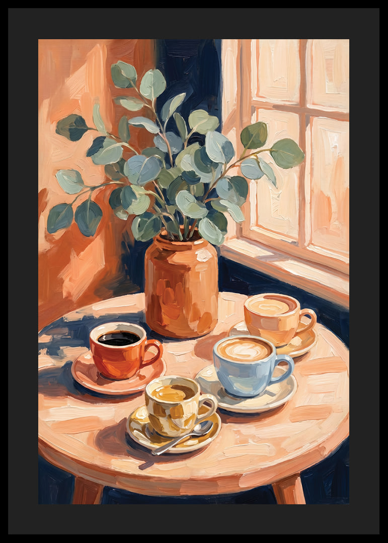 Sun rays warm coffee cups and eucalyptus on the table.-12