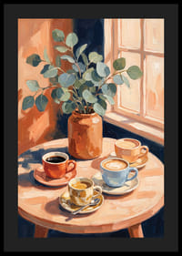 Sun rays warm coffee cups and eucalyptus on the table.-4