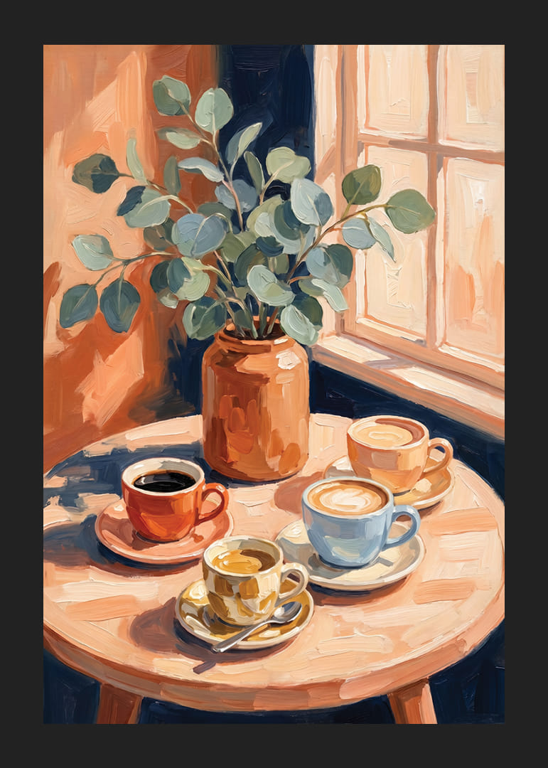 Sun rays warm coffee cups and eucalyptus on the table.-12