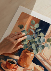 Sun rays warm coffee cups and eucalyptus on the table.-9