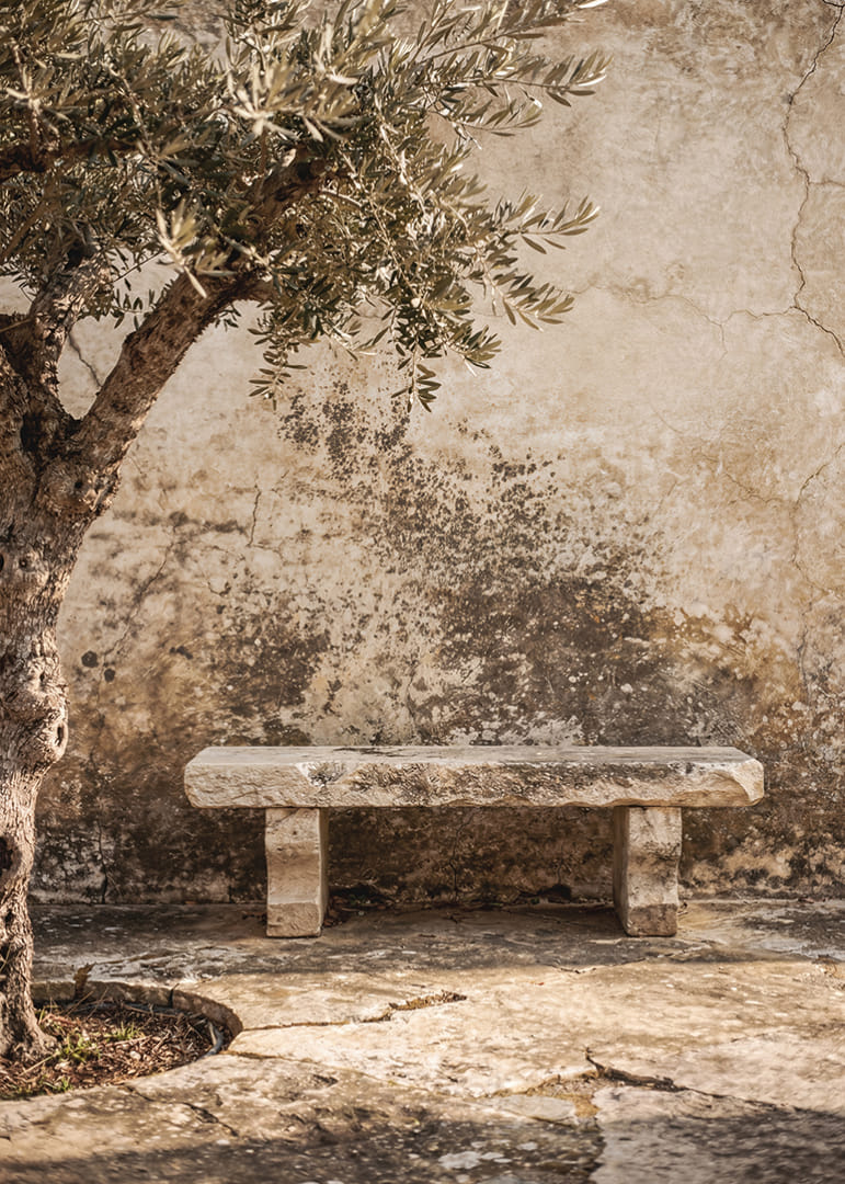 A timeless stone bench against an antique wall creates peaceful harmony.-12