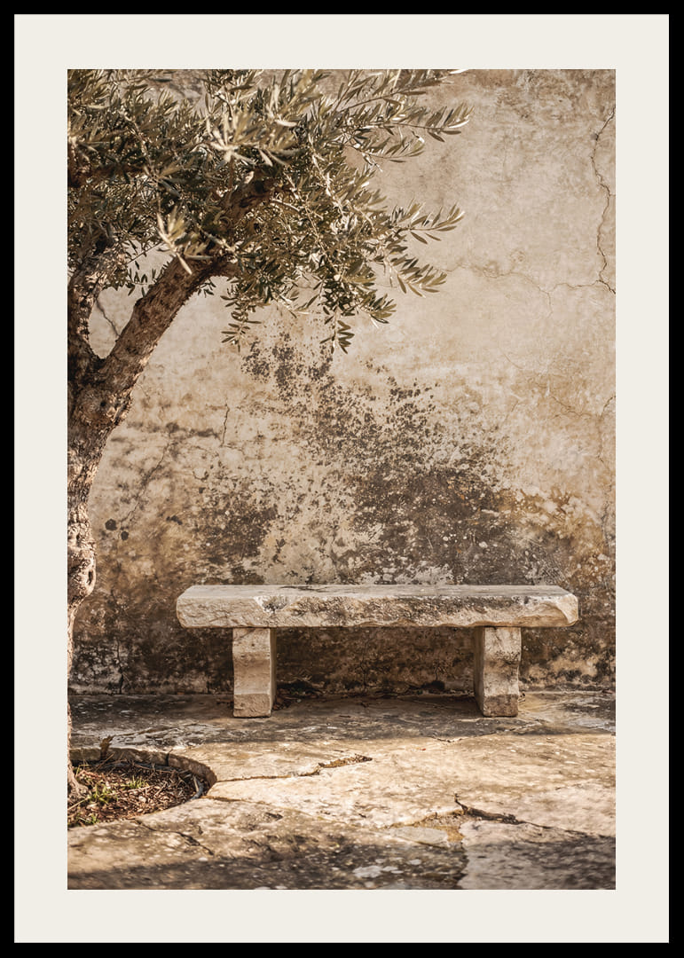 A timeless stone bench against an antique wall creates peaceful harmony.-12
